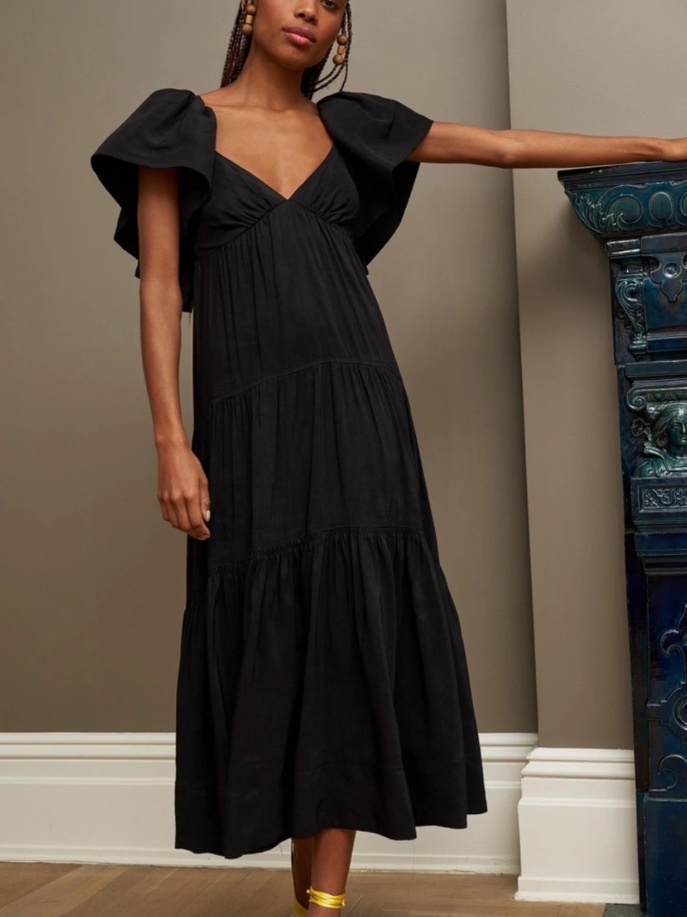 La Ligne Black Puff-Sleeve V-Neck Tiered Maxi Dress XS